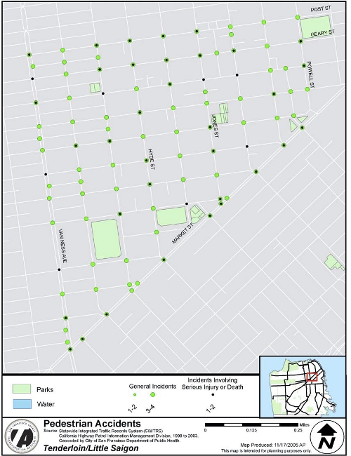 Tenderloin pedestrian accidents.  Courtesy of SFCTA.